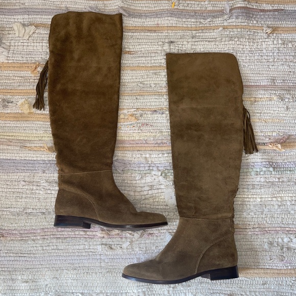 Frye Shoes - EUC Women’s Frye Tina Tassel Lace Up Over The Knee Tan Boots Size 9.5
